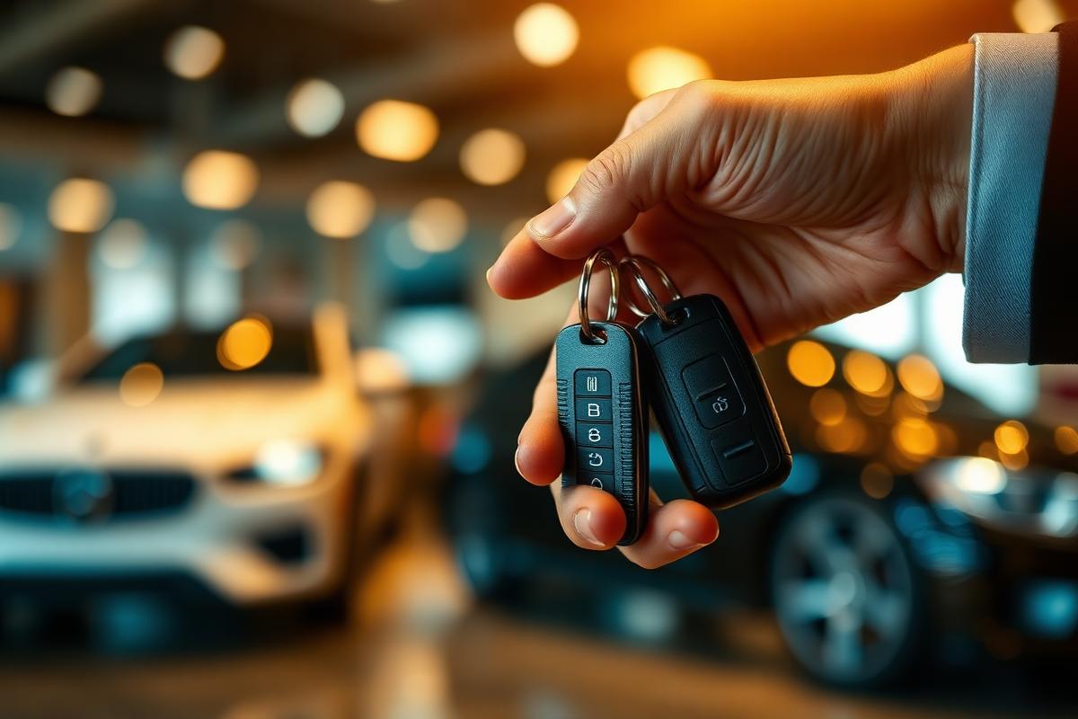 Salesperson handing over keys to a newly financed vehicle
